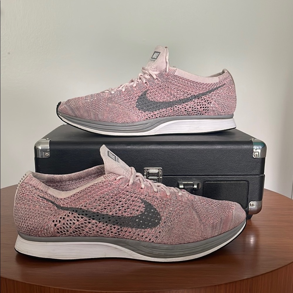 Nike Pink and Gray Athletic Shoes with Flyknit Upper